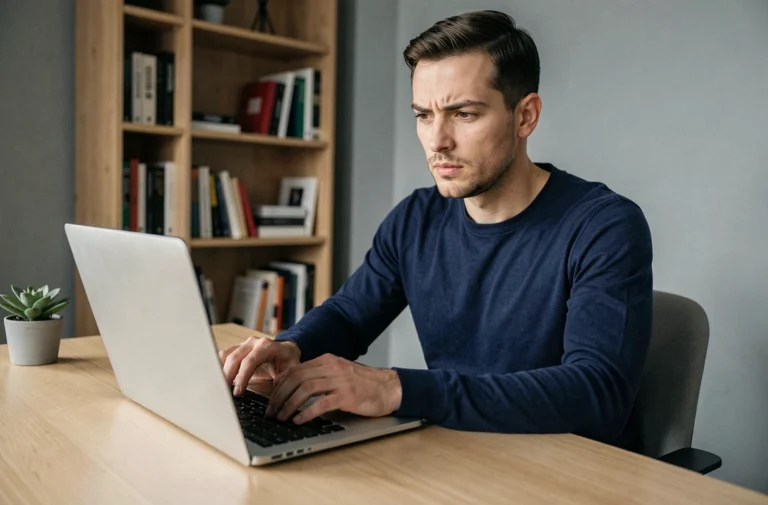 Homme accédant de manière sécurisée à un site web sur son ordinateur portable dans un bureau à domicile moderne