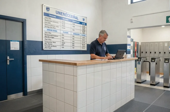 Hall d'accueil d'une piscine municipale à Nantes avec panneau d'affichage des horaires et agent d'accueil au guichet