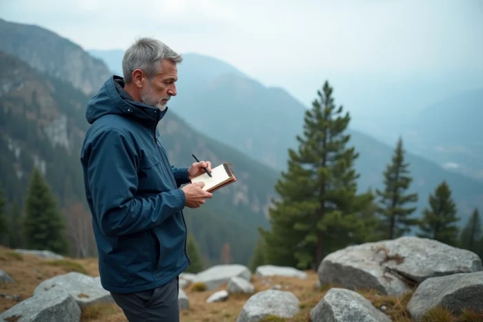 Homme dessinant un paysage de montagne lors d'une randonnée, carnet de croquis à la main sur un plateau rocheux