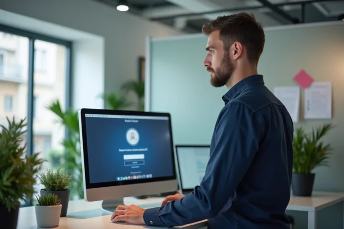 Administrateur universitaire se connectant à la messagerie académique Nantes sur un ordinateur de bureau dans un bureau moderne