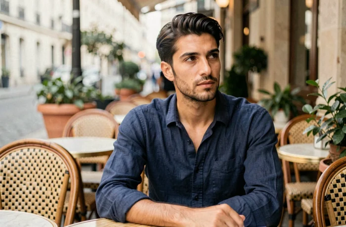 Jeune homme français aux cheveux bruns assis à une terrasse de café parisienne, evoquant le fils d'une personnalité médiatique française