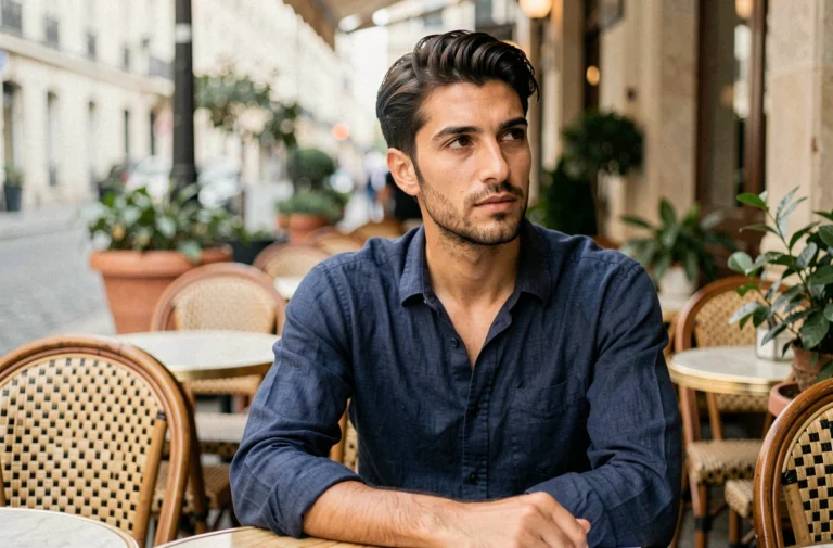 Jeune homme français aux cheveux bruns assis à une terrasse de café parisienne, evoquant le fils d'une personnalité médiatique française