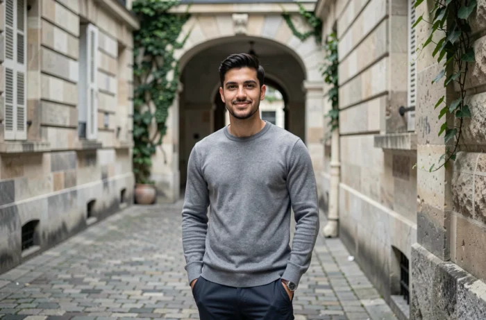 Jeune homme se tenant dans une cour pavée de Montmartre, portrait éditorial illustrant Adrien Fam fils de Nagui