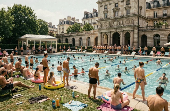 Piscine Butte aux Cailles bondée lors d'un après-midi d'été, avec de nombreux baigneurs sur les bords du bassin et une file d'attente visible à l'entrée
