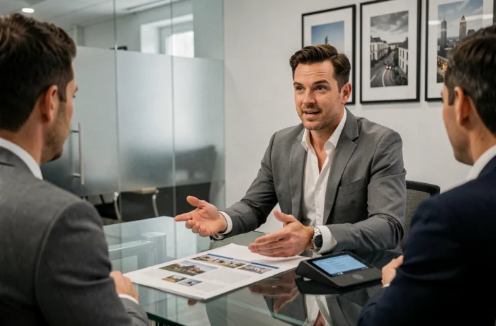 Agent immobilier présentant des brochures et un pad de signature numérique à des clients lors d'une réunion en agence