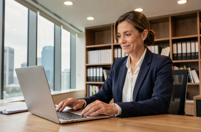 Agente immobilière analysant des documents de vente sur ordinateur portable dans un bureau moderne