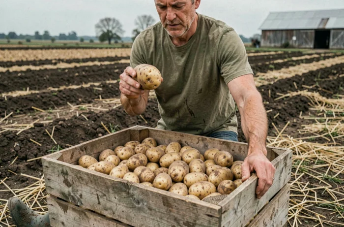 Agriculteur inspectant une pomme de terre fraîchement récoltée devant une caisse en bois remplie de tubercules à la ferme