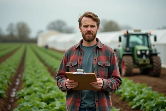 Agriculteur en micro-entreprise dans ses champs tenant un carnet de gestion administrative