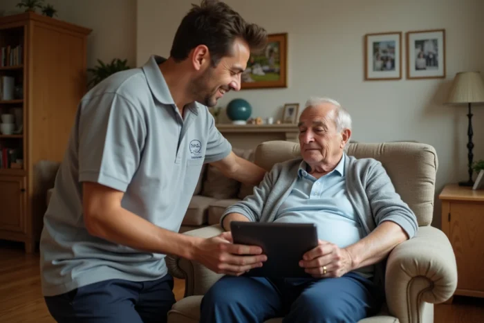 Aide à domicile Age d'Or Services présentant un devis tarifaire sur tablette à un senior à son domicile