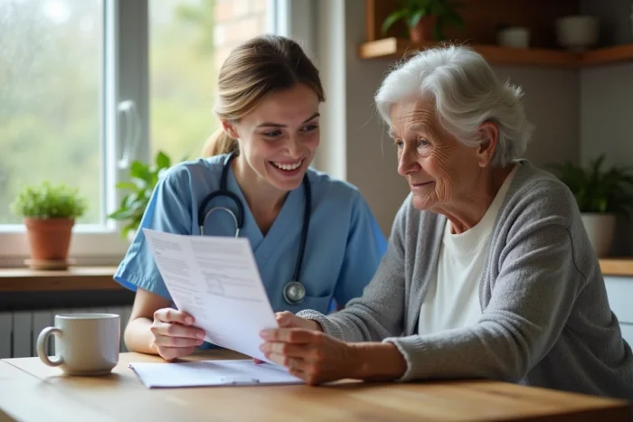 Aide-soignante accompagnant une senior dans la consultation de ressources d'aide à domicile