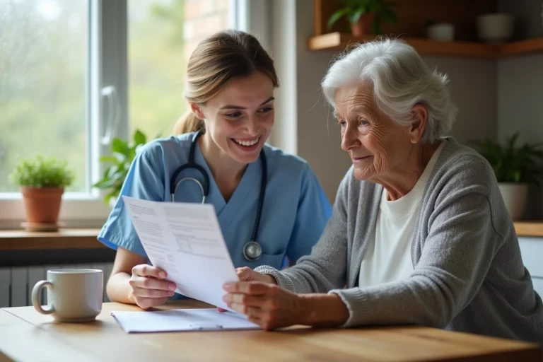 Aide-soignante accompagnant une senior dans la consultation de ressources d'aide à domicile