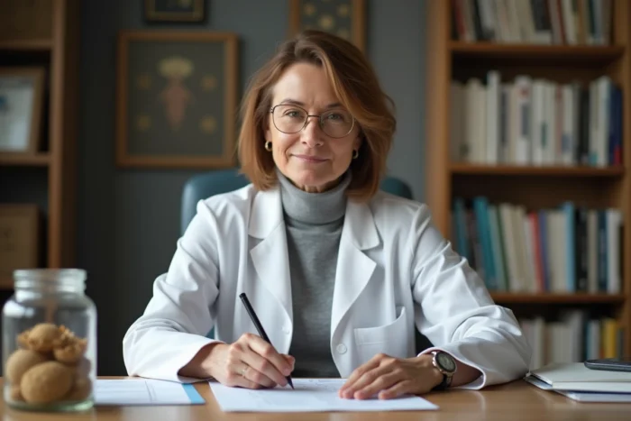 Allergologue en consultation étudiant les résultats de tests allergiques liés aux galles de chêne
