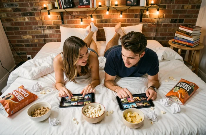 Deux amis allongés sur un lit en train de choisir une série TV sur une tablette numérique