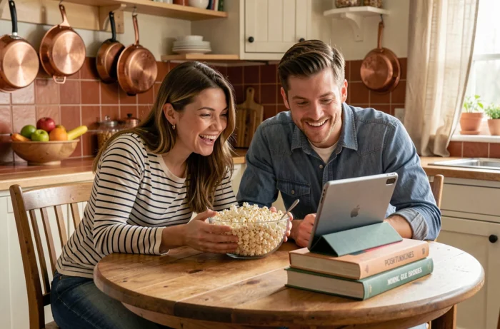 Deux amis regardant un film en streaming gratuitement sur une tablette dans une cuisine conviviale avec du pop-corn