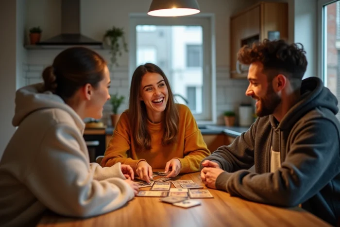 Groupe d'amis jouant à un jeu de société autour d'une table en bois dans un appartement moderne