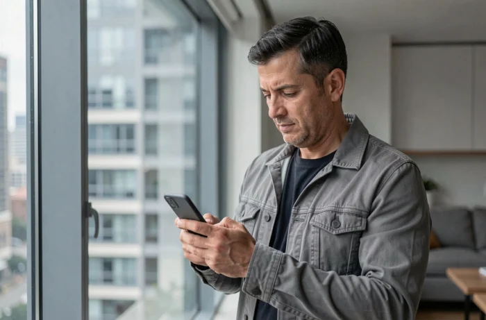 Homme utilisant son smartphone pour annuler un rendez-vous administratif en préfecture