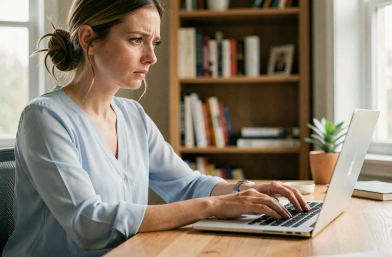 Femme annulant un rendez-vous en préfecture depuis son ordinateur portable à domicile