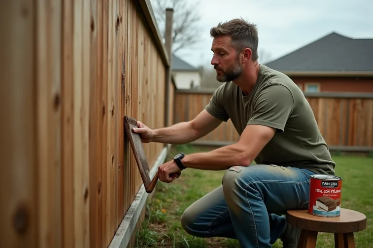Homme appliquant la lasure Parkside Lidl sur une clôture en bois dans un jardin, avec un pinceau large et une boîte de lasure ouverte