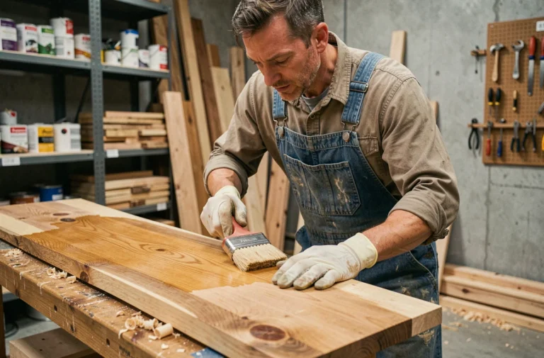 Professionnel appliquant la lasure polyuréthane Parkside sur une planche en chêne dans un atelier de menuiserie