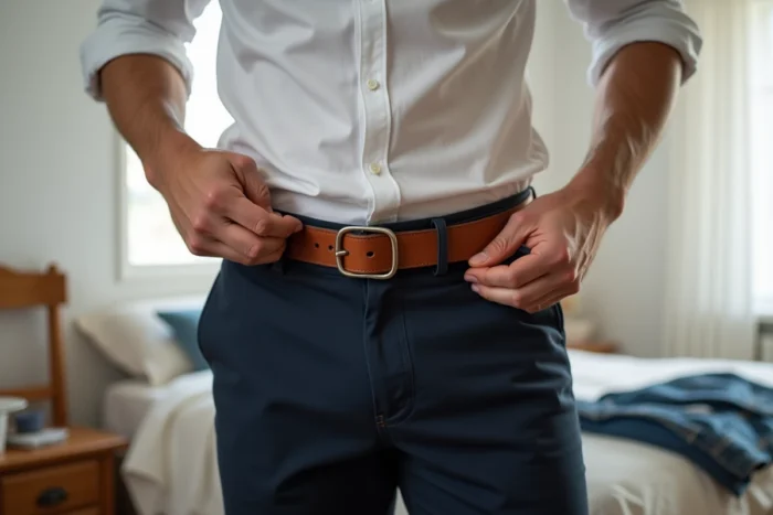 Homme attachant une ceinture en cuir sans trou avec un outil simple dans une chambre moderne