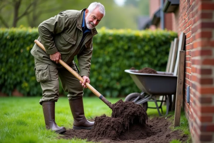 Homme creusant un trou pour poteau de clôture avec une bêche à godets dans un jardin résidentiel