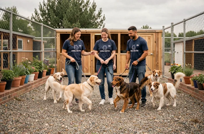 Bénévoles jouant avec des chiens adoptables dans la cour d'un refuge animalier