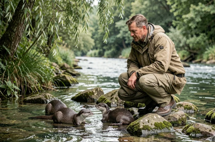 Biologiste animalier observant des loutres au bord d'une rivière en milieu naturel