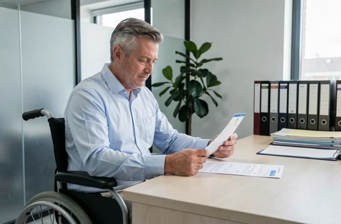 Homme en fauteuil roulant tenant une carte d'invalidité et consultant un avis d'imposition foncière