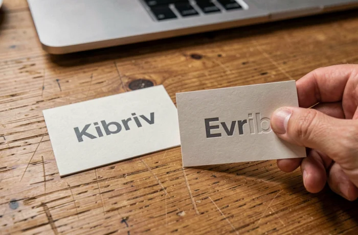 Deux cartes de visite côte à côte montrant l'ancien nom Kibriv et le nouveau nom Evrib lors d'un changement de marque