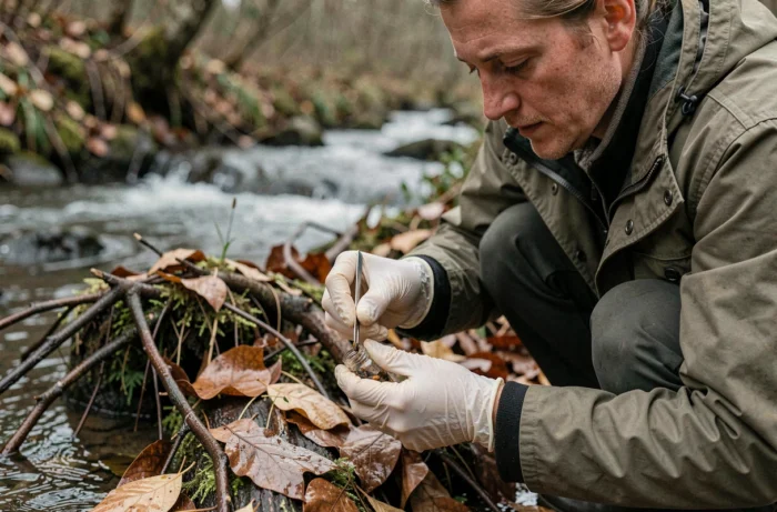 Chercheur collectant des excréments de salamandre dans un flacon en milieu naturel humide
