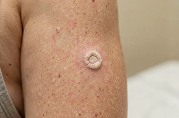 Gros plan de la cicatrice du vaccin BCG sur le bras d'une femme adulte, texture cutanée détaillée