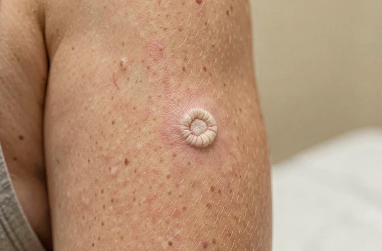 Gros plan de la cicatrice du vaccin BCG sur le bras d'une femme adulte, texture cutanée détaillée