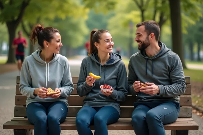 Groupe de coureurs partageant des collations nutritives après un entraînement en plein air dans un parc urbain