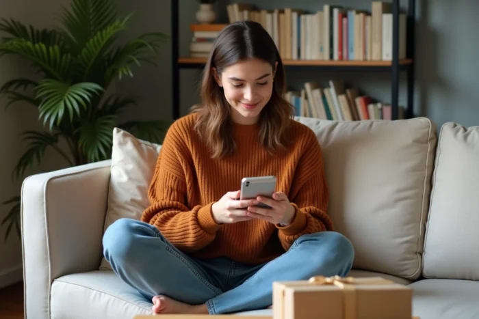 Jeune femme passant une commande en ligne sur smartphone depuis son canapé à la maison