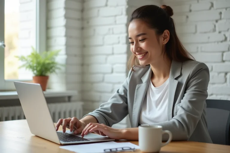 Femme commandant un produit en ligne sur un ordinateur portable depuis son bureau à domicile