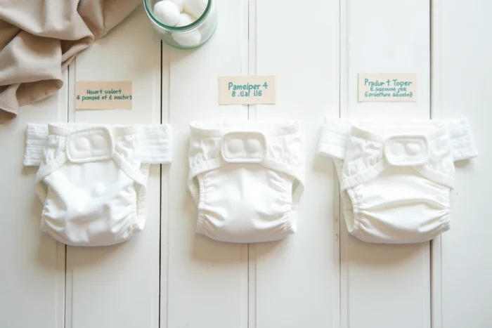 Vue de dessus de trois modèles de couches Pampers pour nouveau-né disposés côte à côte sur une surface blanche pour une comparaison des différences majeures