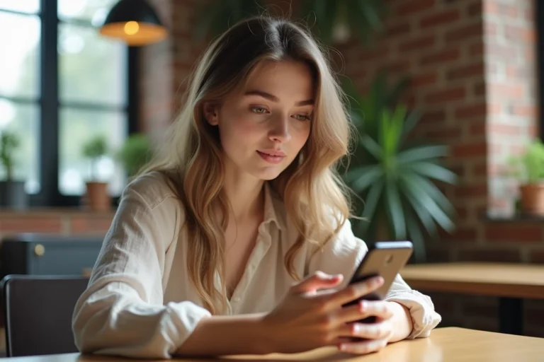 Jeune femme connectée à une application mobile depuis un café, illustrant la connexion à Arena Versailles sur smartphone