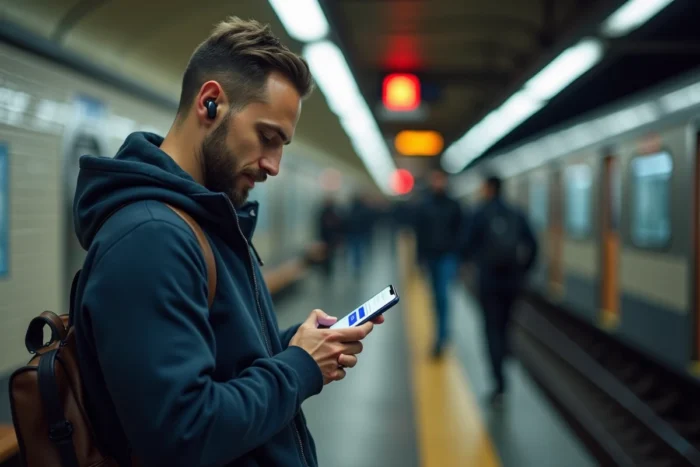 Homme utilisant son smartphone dans le métro pour se connecter à Arena Versailles, illustration de la connexion mobile rapide