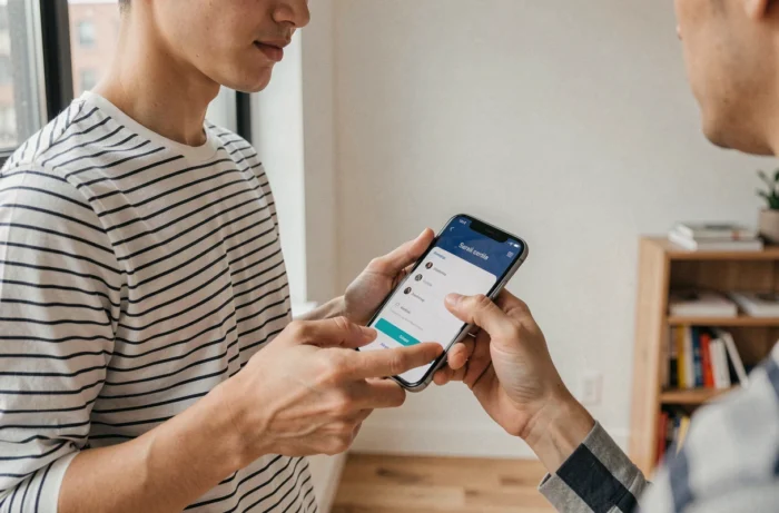 Jeune professionnel se connectant à son espace Arkevia depuis un smartphone dans un appartement moderne