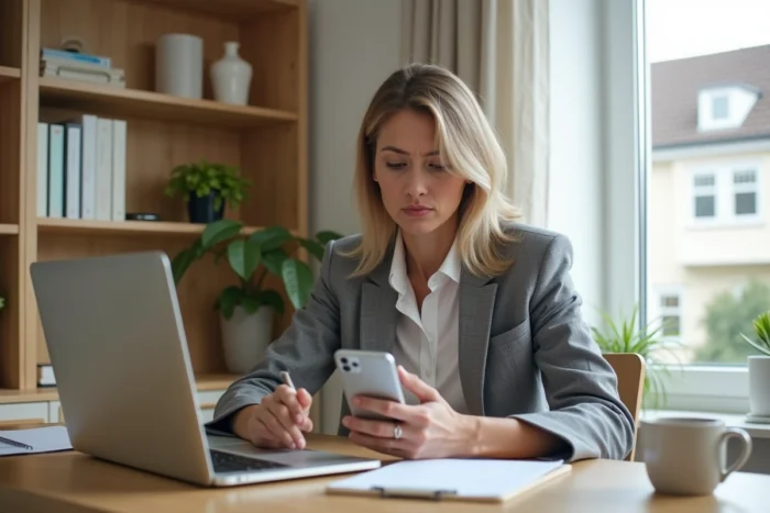 Femme en télétravail consultant son smartphone et son ordinateur pour finaliser sa connexion au compte Arena Versailles