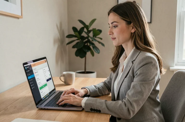 Femme professionnelle connectée à son compte Arkevia sur un ordinateur portable dans un bureau moderne