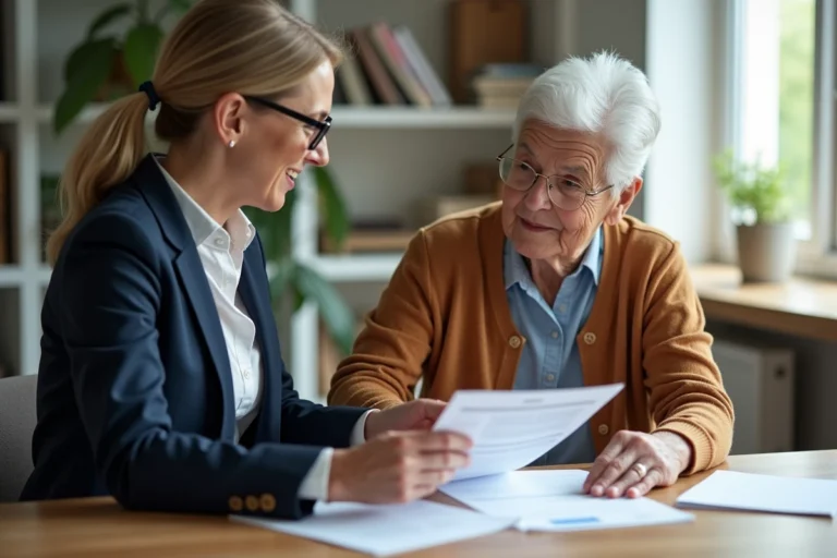 Conseillère Age d'Or Services expliquant le calcul des tarifs à une personne âgée lors d'un entretien à domicile