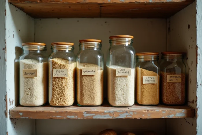 Étagère de garde-manger avec des bocaux hermétiques de semoule étiquetés avec des dates de conservation pour une bonne organisation