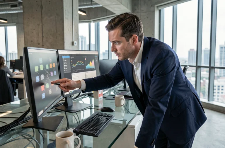 Consultant informatique professionnel analysant des tableaux de bord réseau sur double écran dans un bureau moderne