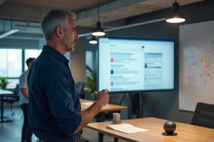 Consultant SEO présentant une stratégie de référencement naturel à une équipe dans un open space professionnel