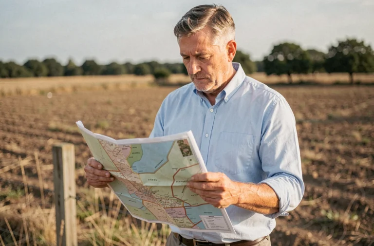 Homme examinant un plan cadastral sur un terrain non constructible avant achat foncier