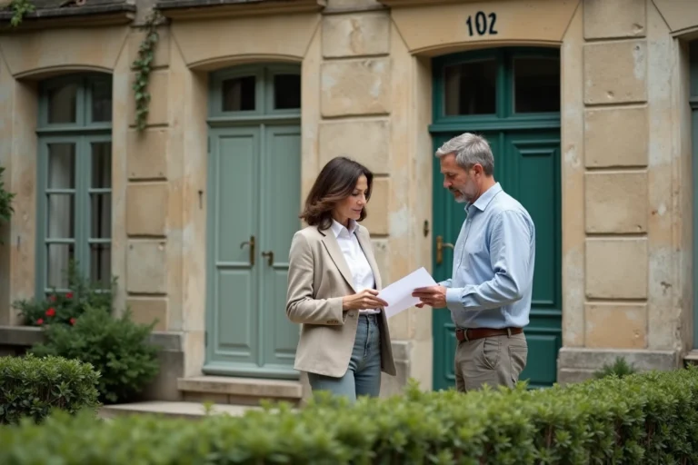 Deux copropriétaires devant un immeuble en pierre avec deux entrées distinctes symbolisant une copropriété de 2 lots sans parties communes