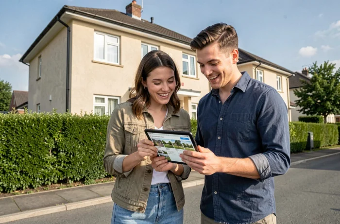 Jeune couple consultant des annonces immobilières sur tablette devant une maison à vendre en banlieue