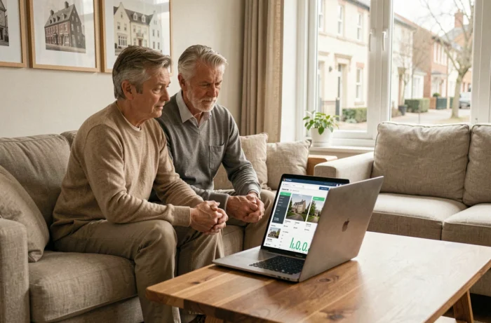 Couple consultant un site spécialisé pour optimiser leurs placements immobiliers depuis leur salon