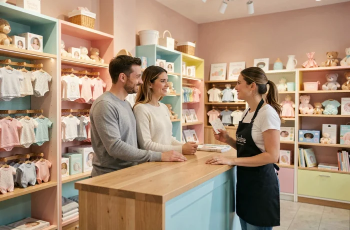 Couple en train d'échanger avec une conseillère dans une boutique spécialisée pour bébés et jeunes enfants